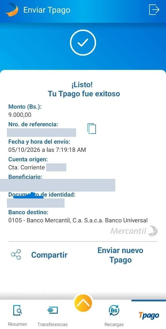 Captura de un comprobante de pago móvil que parece auténtico: monto de 9.000 Bs., número de referencia, fecha y banco destino